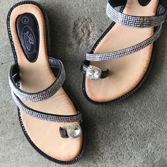 Bolaro Black Toe Ring Rhinestone Slide Sandal - Picture 2 of 8